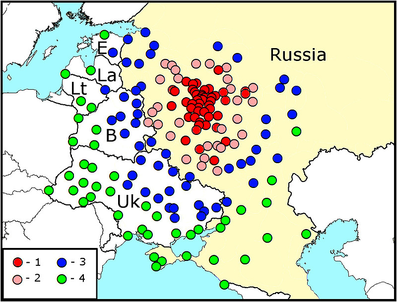 Прогноз распространения златки к 2022 году. (1) вероятность обнаружения >85%, (2) вероятность 40—85%, (3) вероятность 15—40%; (4) вероятность <15%. Изображение: Marina J. Orlova-Bienkowskaja, Andrzej O. Bienkowski / Ecology and Research / CC BY 4.0